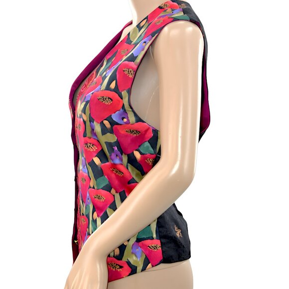 Wearable Art Red Green Purple Poppy Boho Artistic Chic Floral Cropped Vest M L - Picture 3 of 6